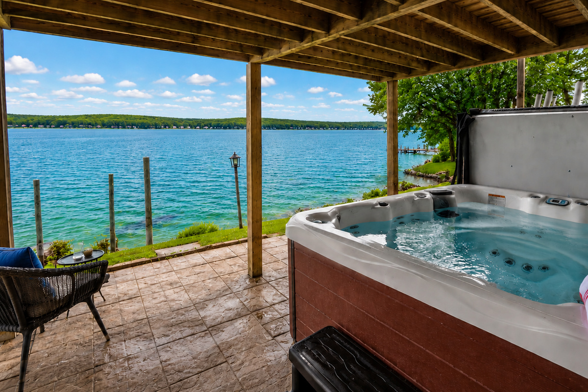 Hot tub with an open lake view