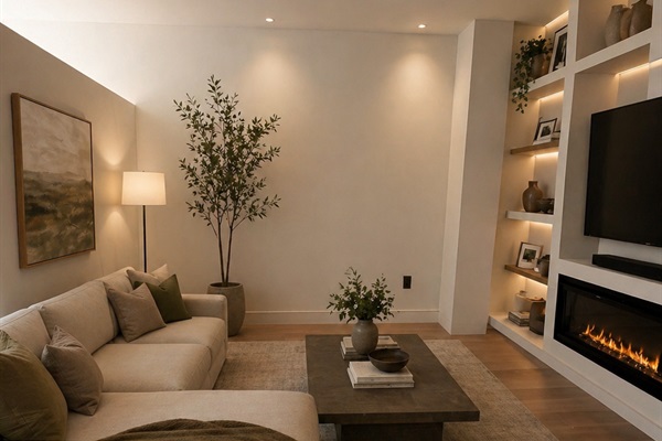 Living room with queen size sofa bed, electric fireplace, TV