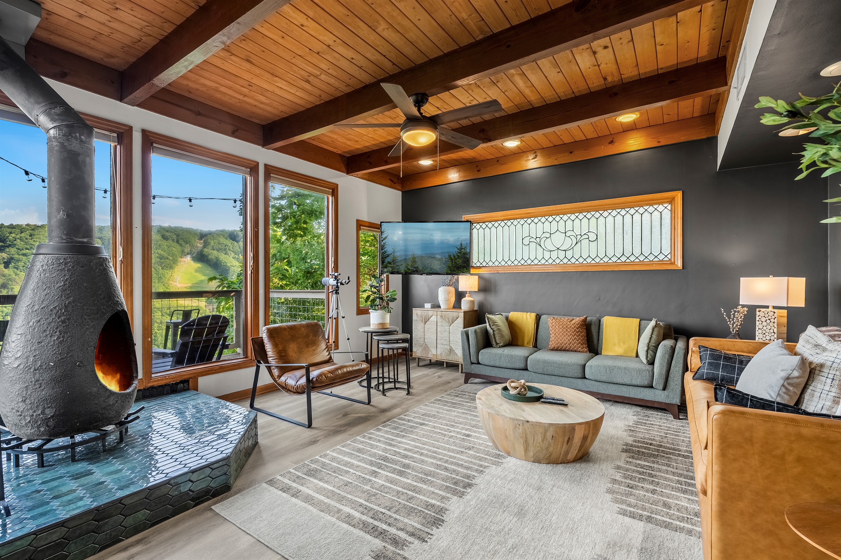 Potbelly stove and rustic yet modern furniture will embrace you in luxury