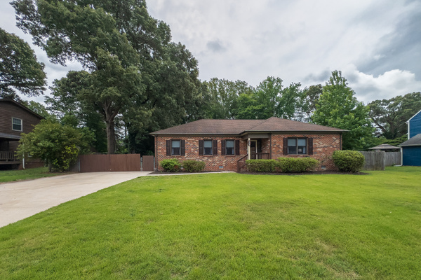 Front view, driveway, yard