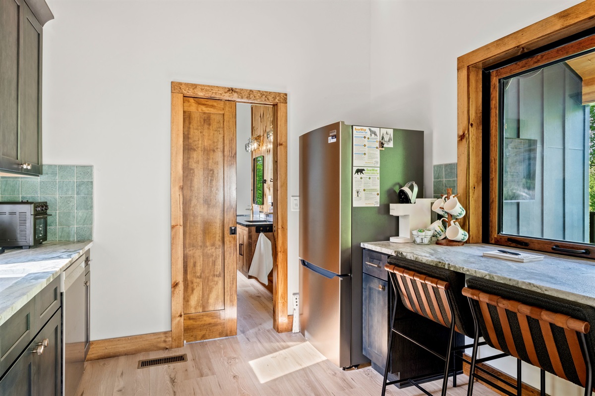 Pocket door between kitchen and bathroom for privacy