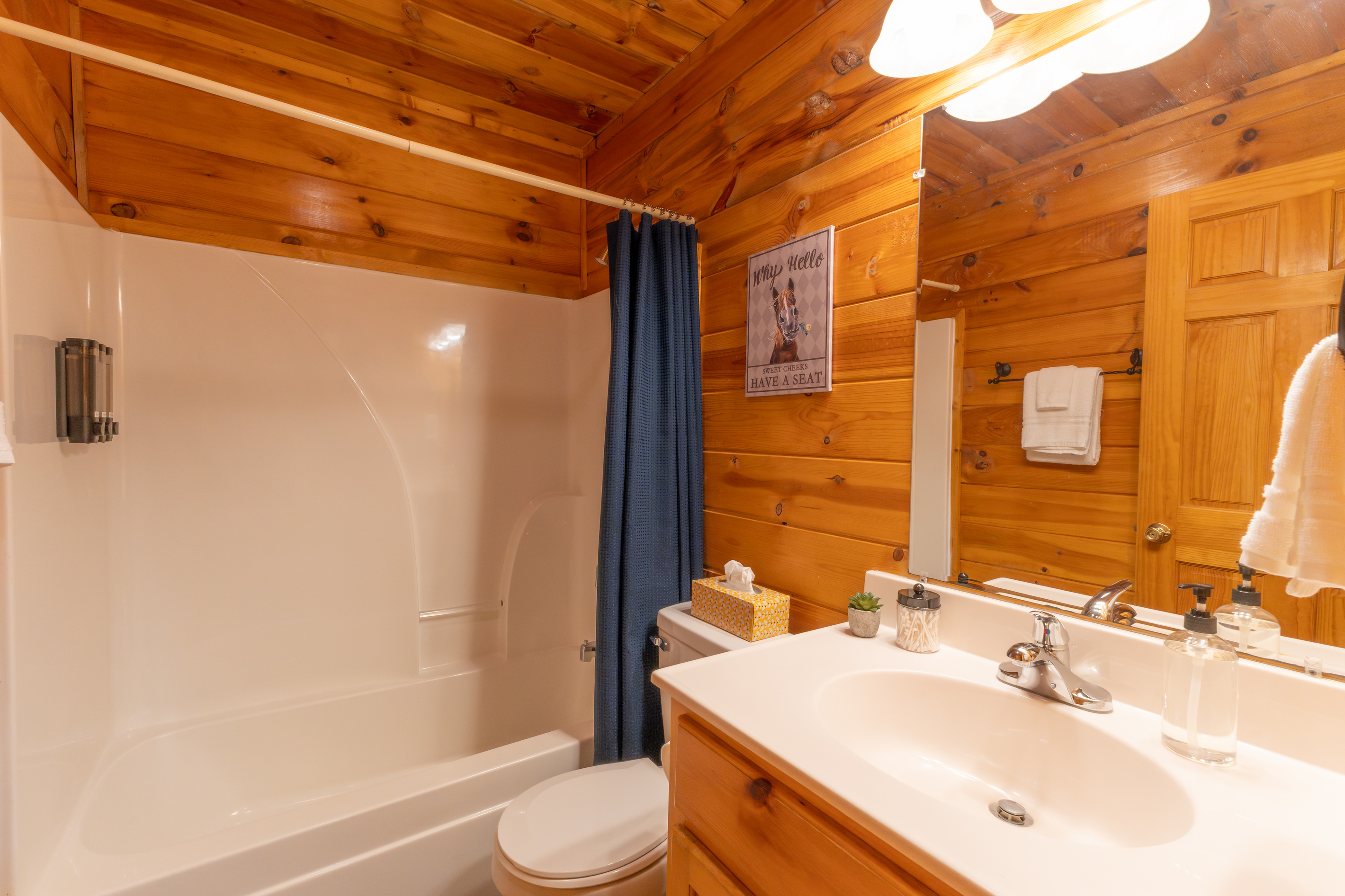 The ensuite bathroom has a tub-shower combo.