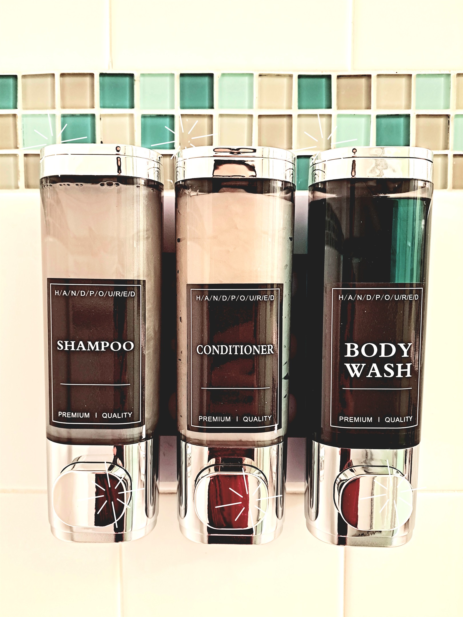 Shampoo, conditioner, body wash dispensers in each shower