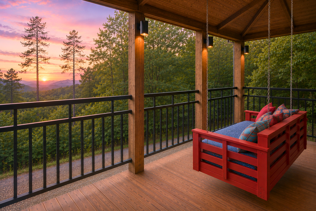 The covered deck becomes even more inviting with a bright red porch swing and a beautiful view beyond the railing, perfect for lingering outside a little longer.