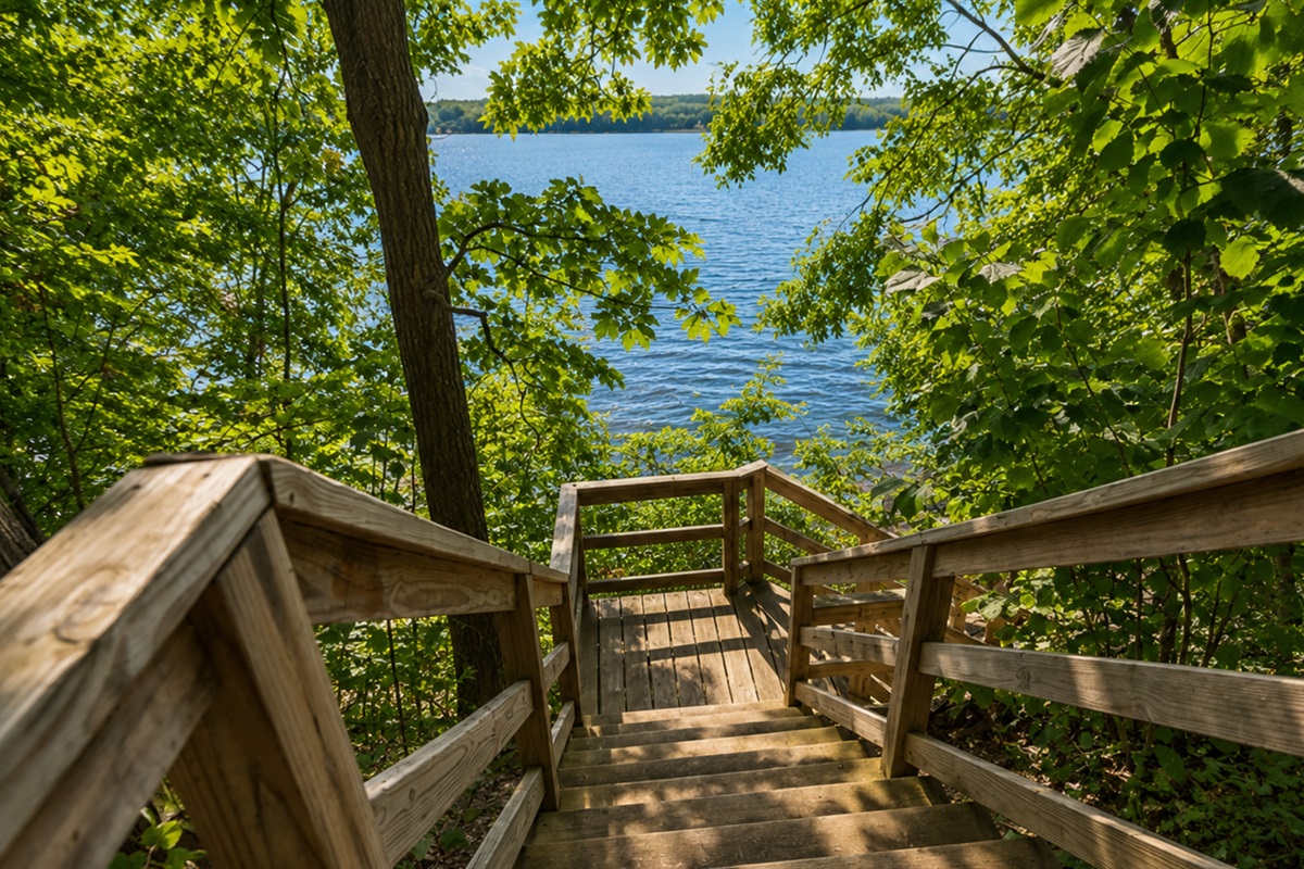 Scenic wooden stairs lead you through the trees to the shoreline, offering a serene start to every lake day.