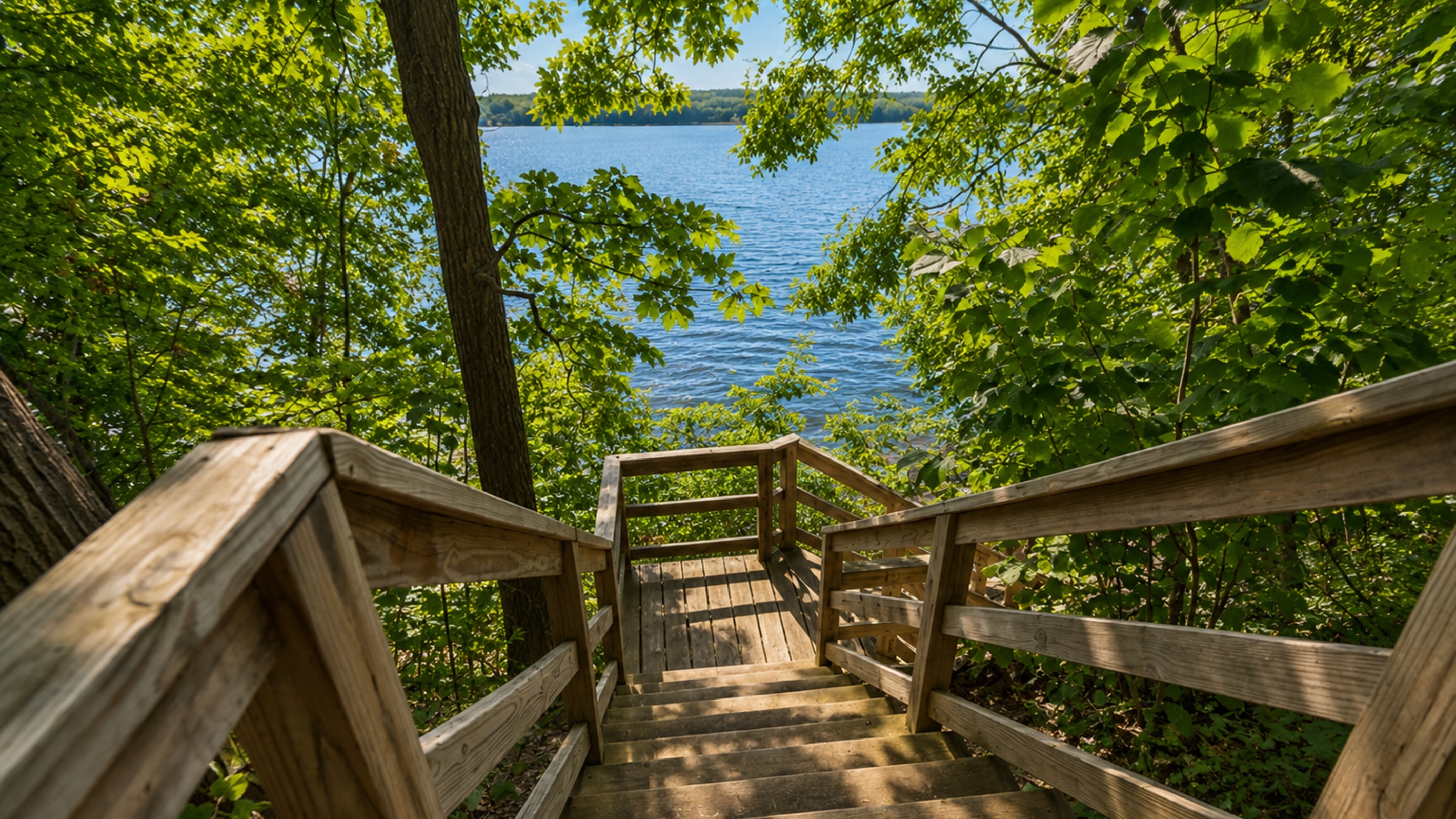 Scenic wooden stairs lead you through the trees to the shoreline, offering a serene start to every lake day.