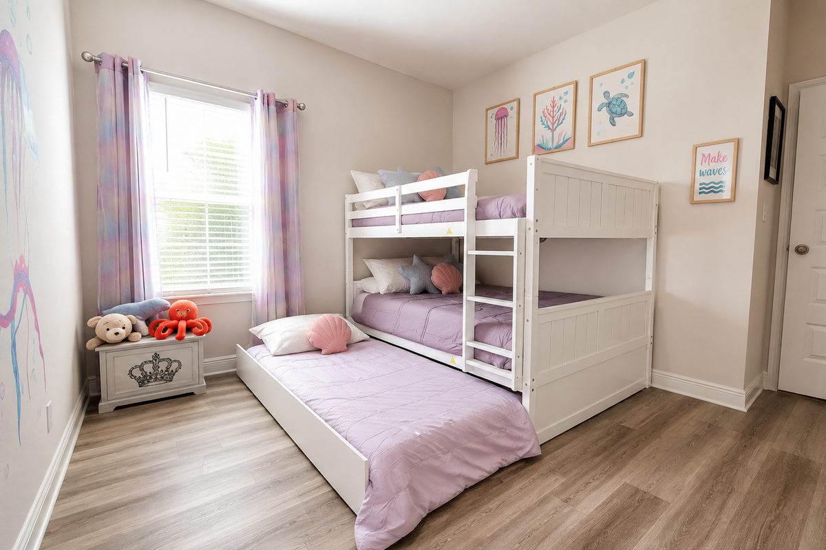 The bunk room! Full-over-full bunk bed with a twin trundle.