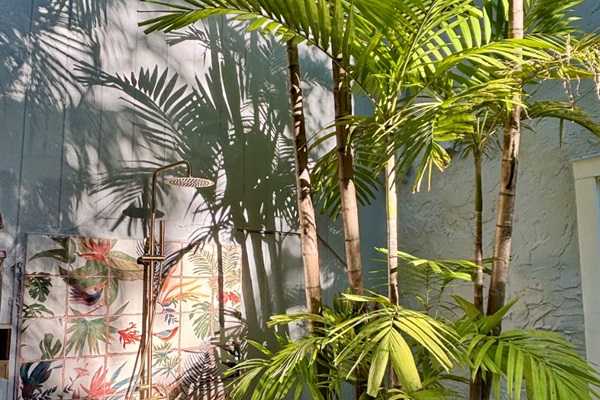 The picturesque outdoor shower has all the tropical vibes.