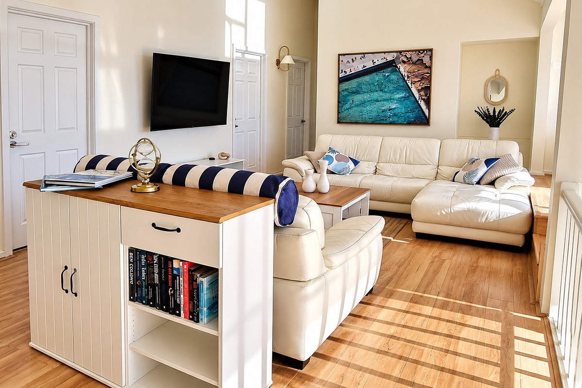 Bright and inviting lounge with comfortable leather seating, a large wall-mounted TV and plenty of space to unwind.