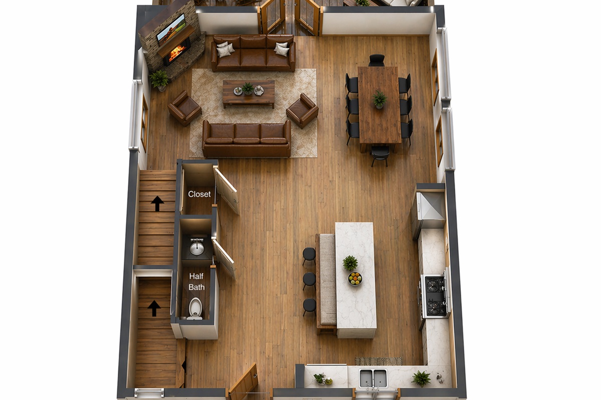 3D floorplan rendering of the main floor. Furnishings and furniture placement are not an exact depiction.
