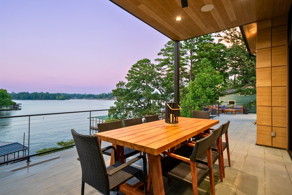 Enjoy breakfast, lunch and dinner outside on the expansive patio with stunning lake views.