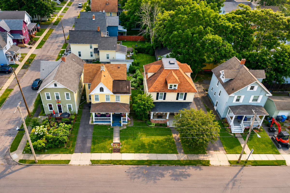 Overhead view of nearby homes