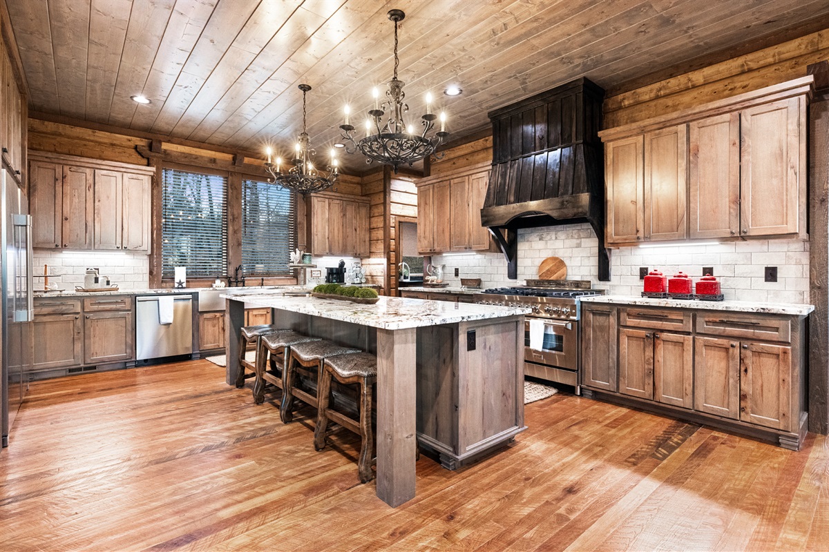 Rustic kitchen with premium finishes and spacious island seating