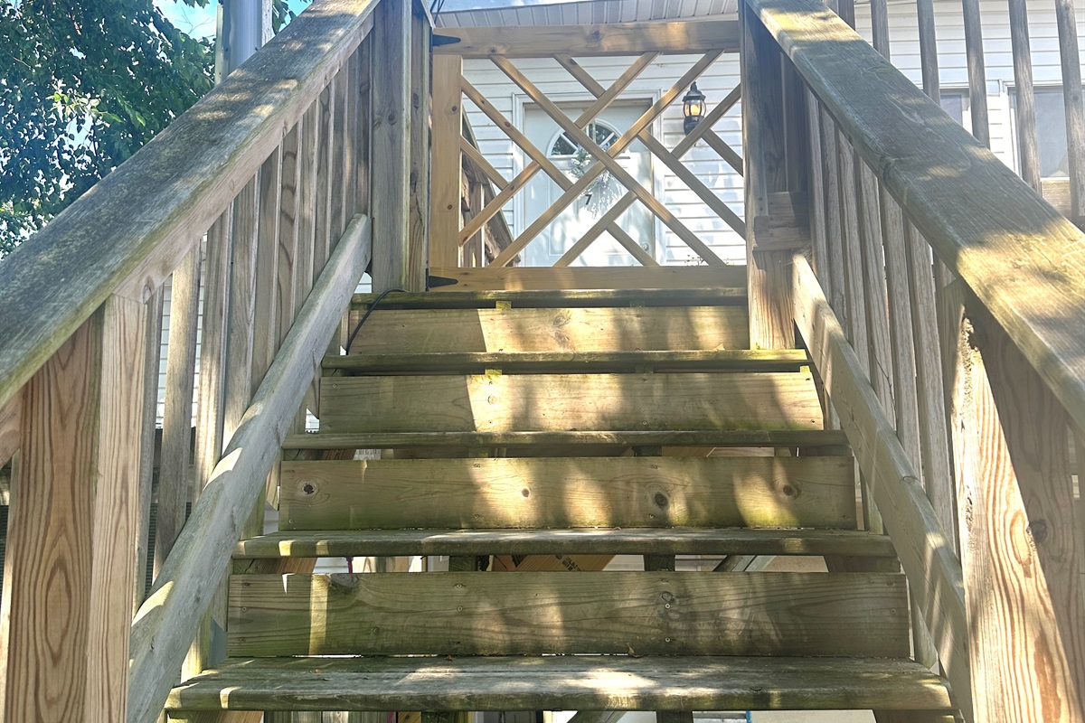 Access to Raindrop is up a flight of exterior stairs to the deck. 