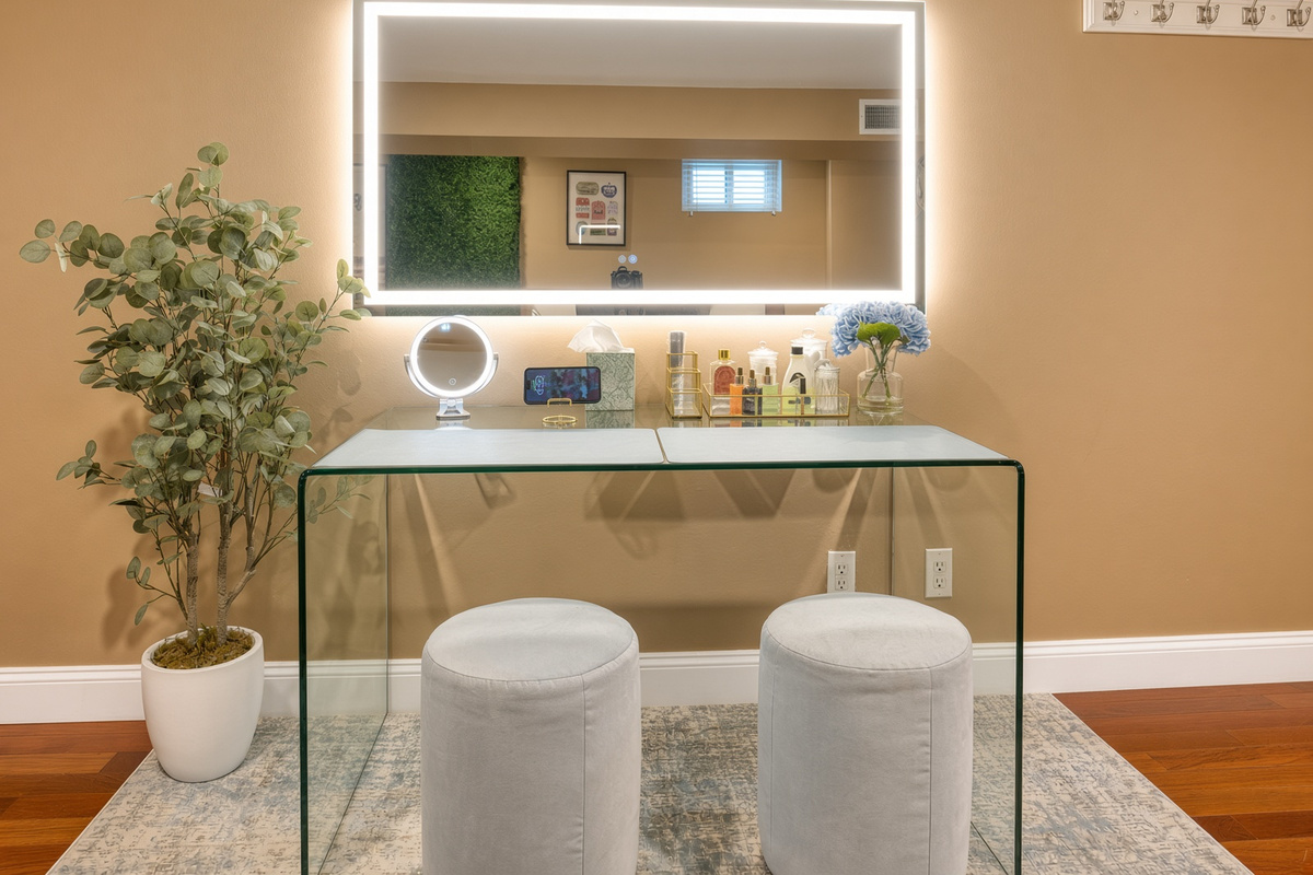 Glam station complete with accessories like cottons balls, pads, swabs and perfume. Recently added in September 2026 to add to the comfort and experience.  This is in the lower floor suite.
