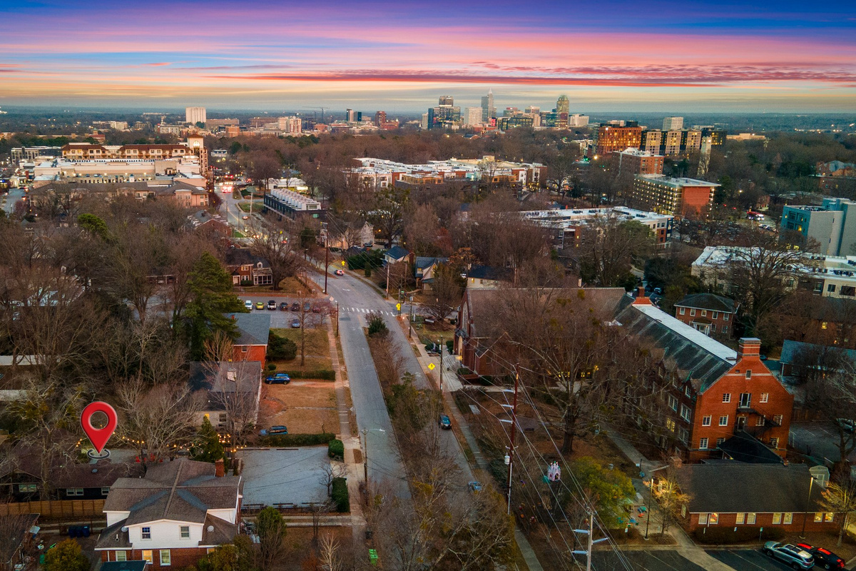 An aerial view helps show just how close you are to NC State, the Village District, and downtown Raleigh.