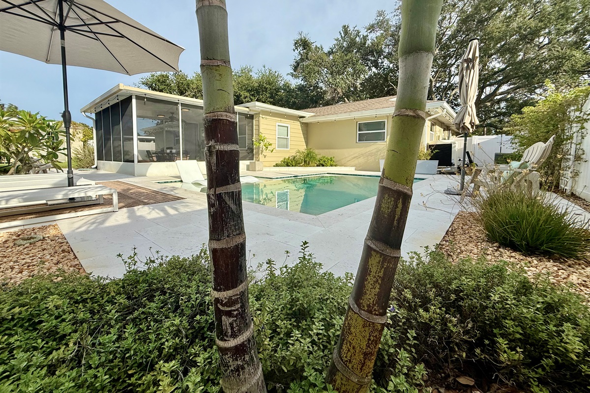 Enjoy breezy mornings or relaxing evenings in this spacious screened-in patio overlooking the pool.