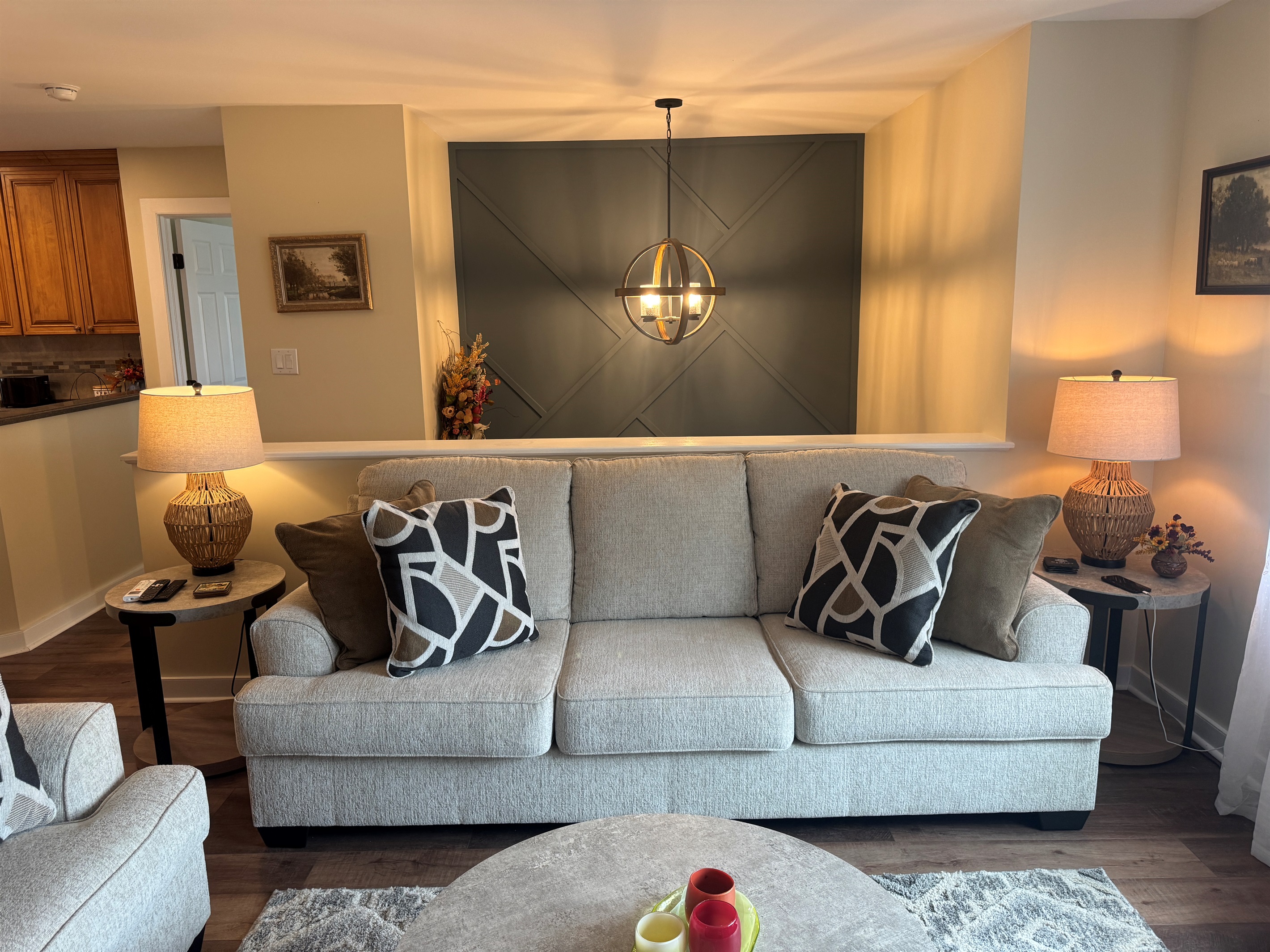 Comfy living room with large SmartTV