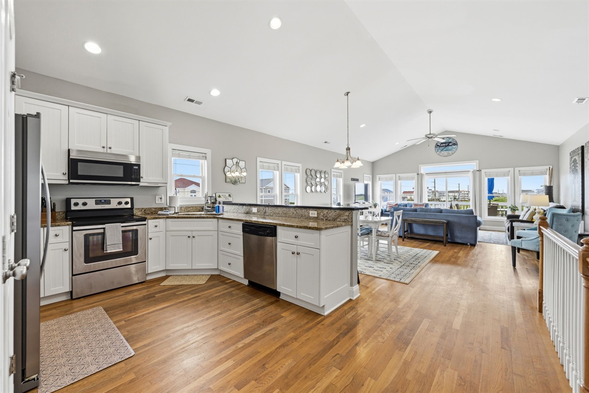 Kitchen overlooks the living space for easy hosting