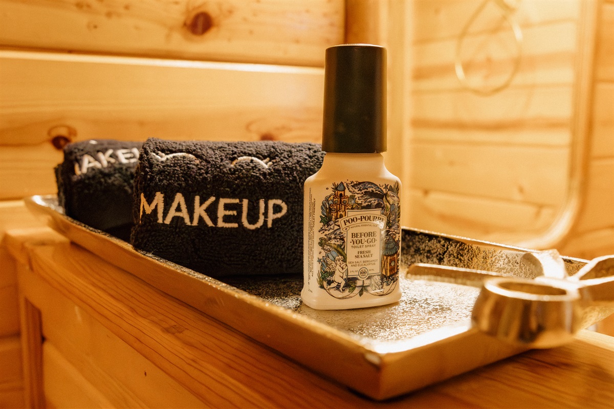 Thoughtful bathroom amenities at Poppywood Pines include Poo-Pourri, makeup remover towels, and bath salts for ultimate relaxation. This luxury Show Low cabin provides spa-like touches, perfect after exploring White Mountains hiking trails and outdoor adve