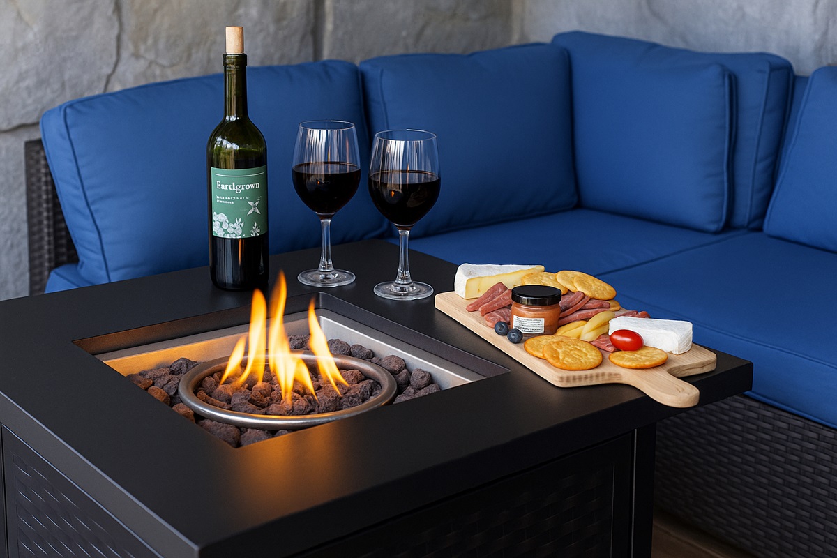 Let’s brie friends by the fire 🔥🧀🍷 — s’more fun guaranteed! Bon Fire Pit with gorgeous views