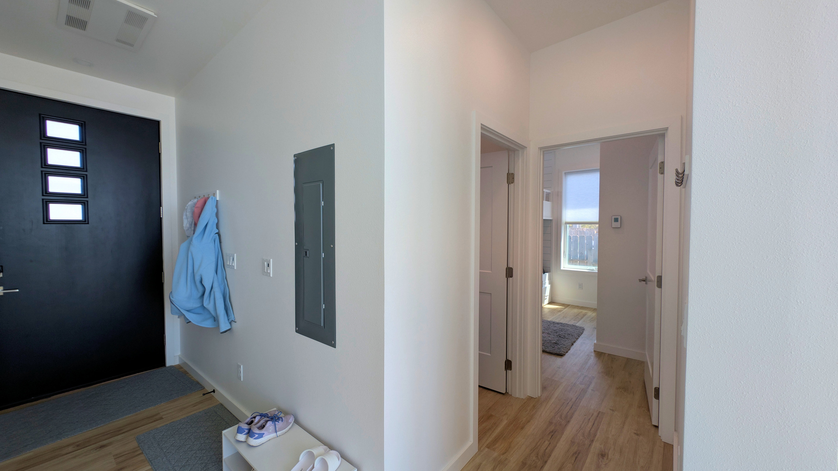 short hall to main bath and bunk room
