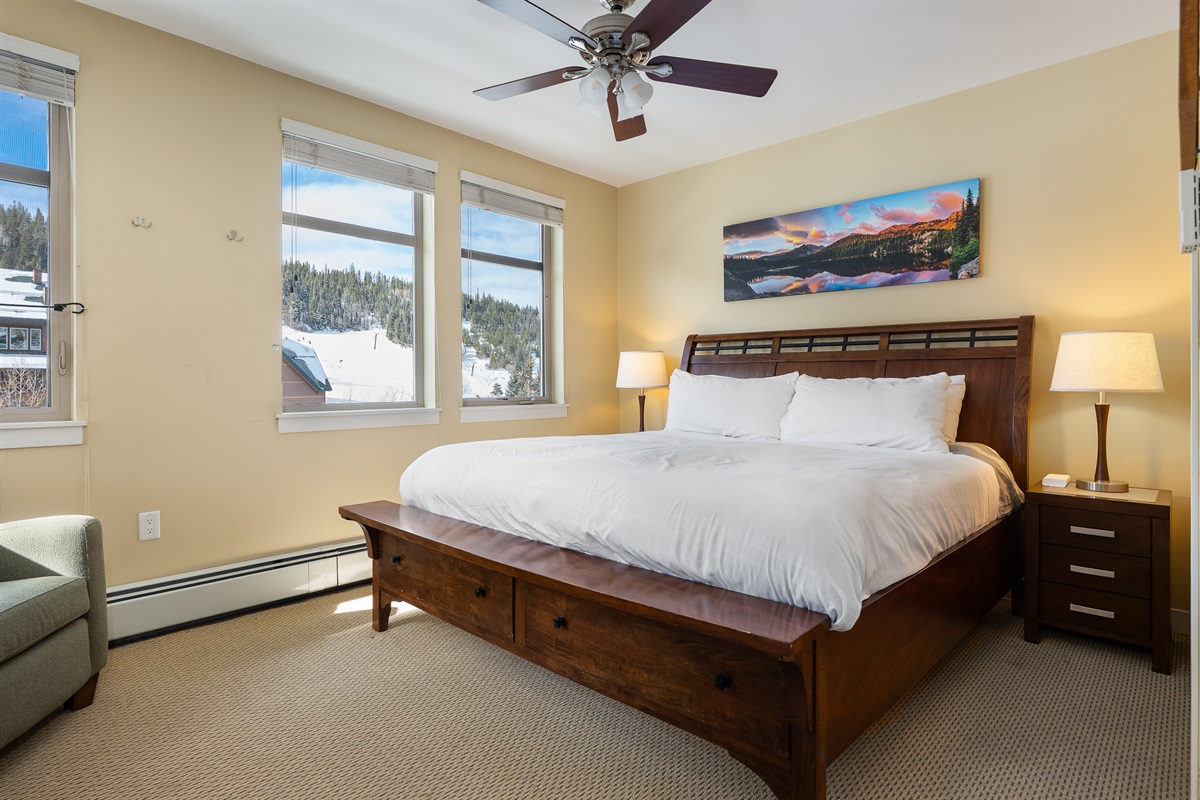 Primary bedroom has ceiling fan and 3 windows facing the mountain