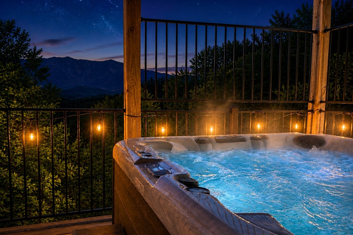 Mountain views from the hot tub can be especially inviting at sunset or on a clear night. You can almost "feel" the steam coming off that water!