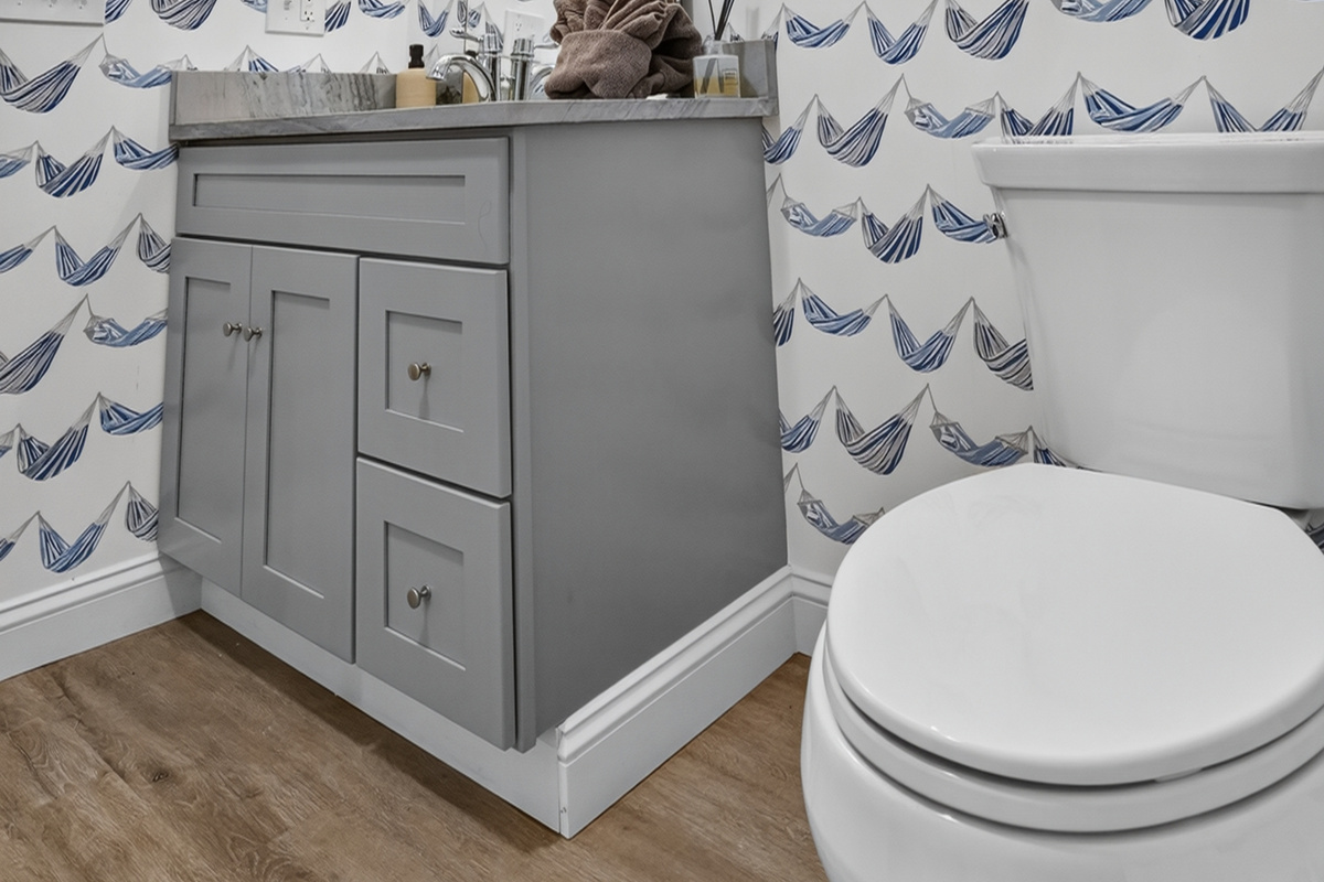 Modern full bathroom with a spacious walk-in shower and double vanity.