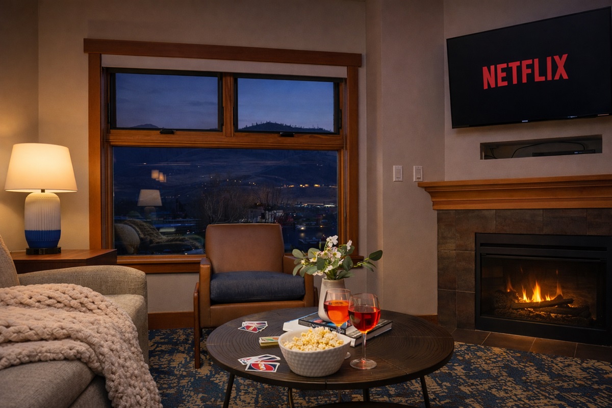 Open living room with TV, fireplace, lake view and with pull-out couch