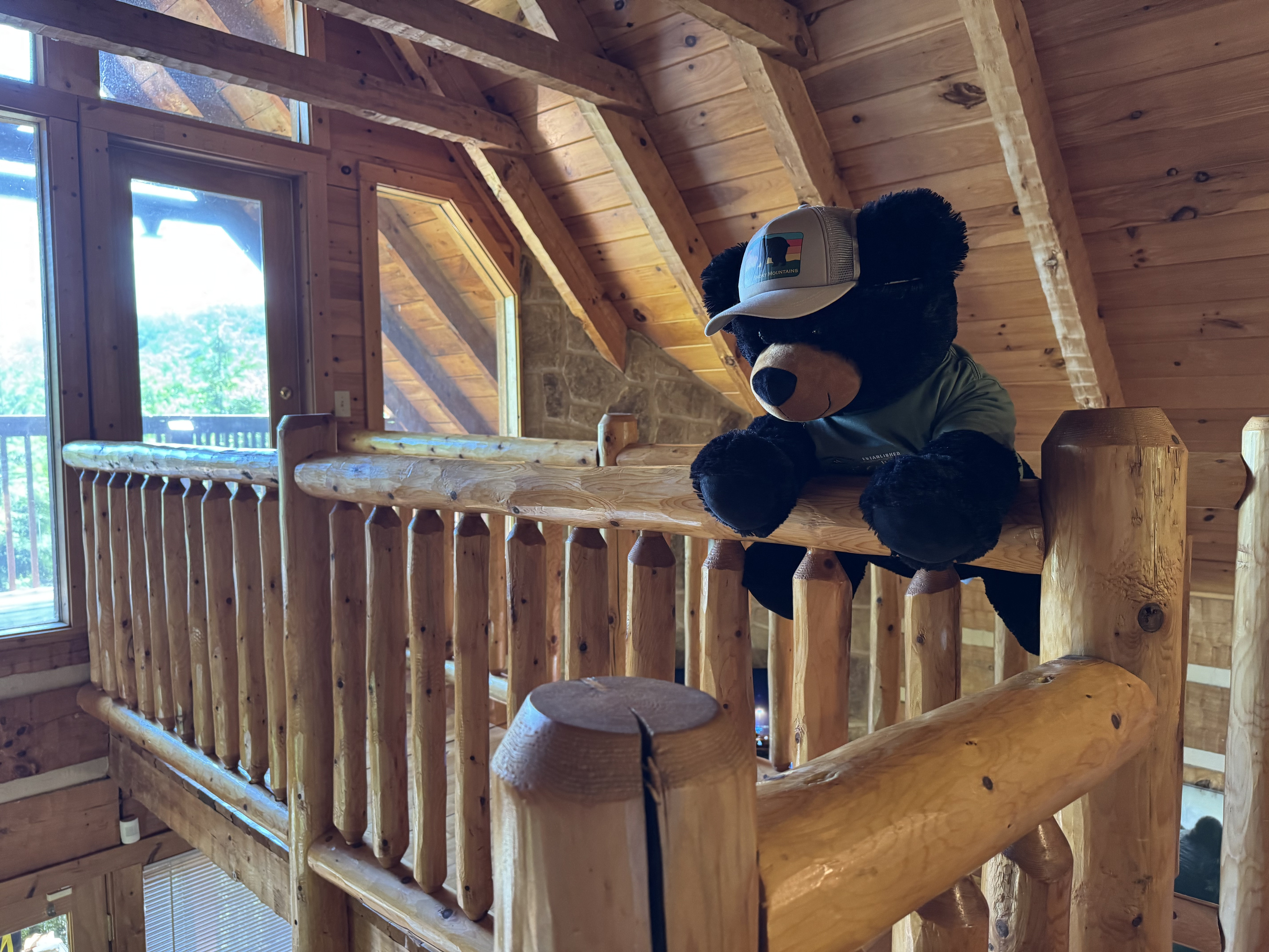 Your host Ridge Bear, scoping out the living room from the bridge.