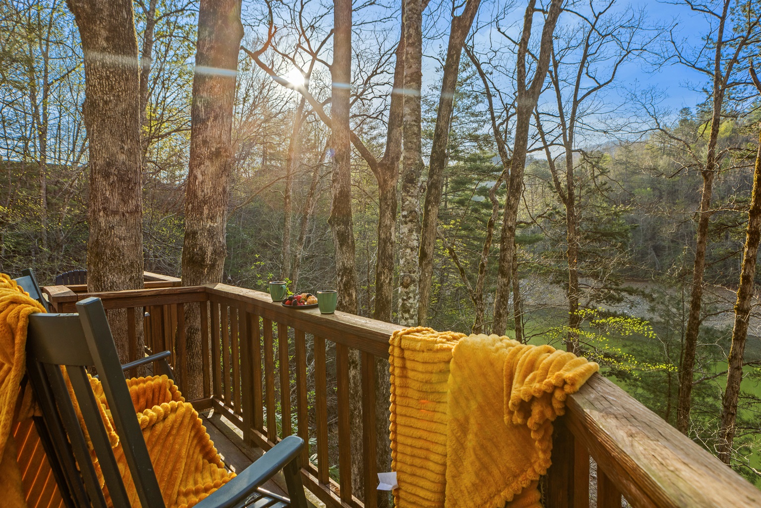 Deck: Sip morning coffee amidst nature's grandeur with stunning views and tranquility!