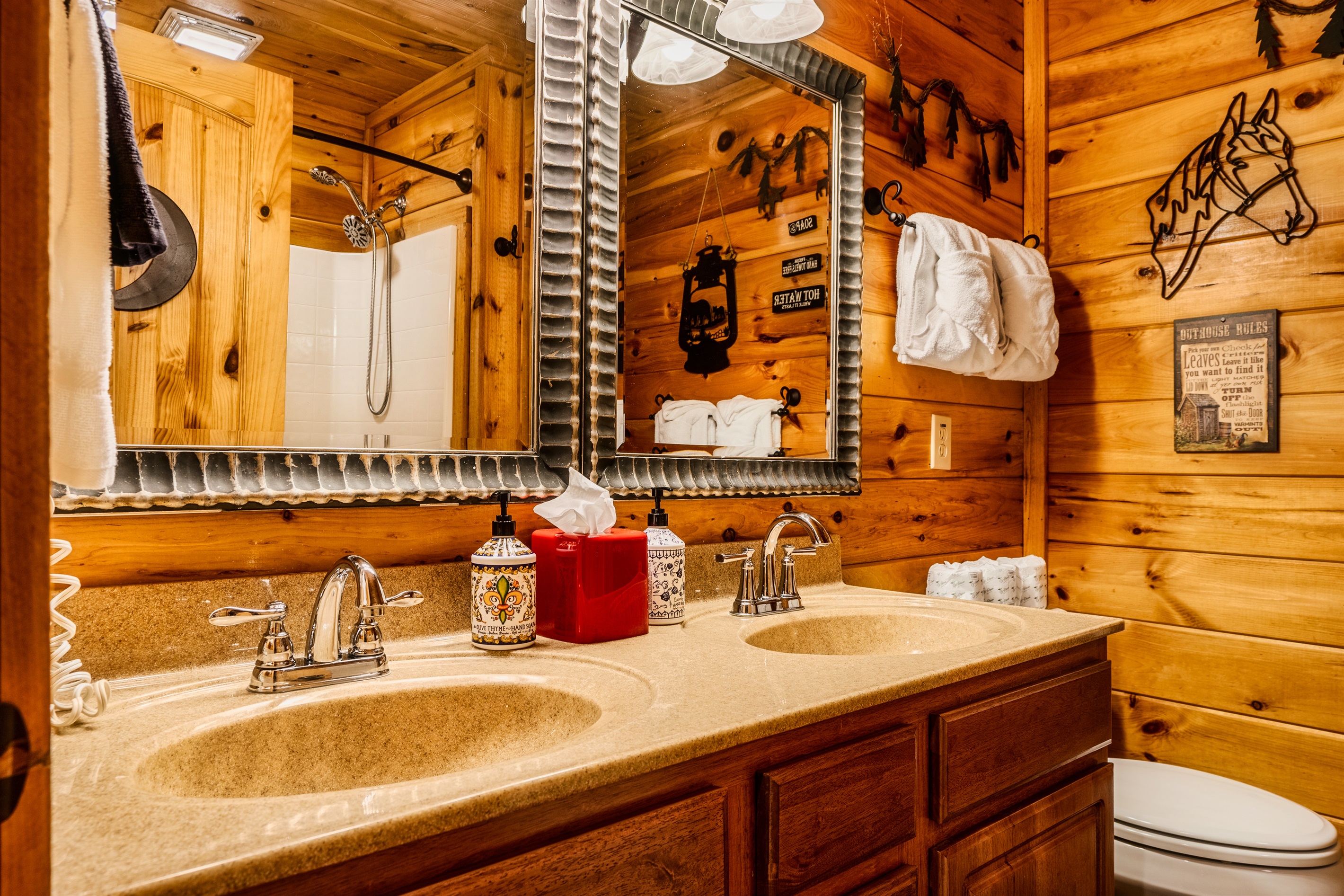 Full bath in basement adjacent to theater.  For guests sleeping in the cabin bunk bed, and hideout alcove.