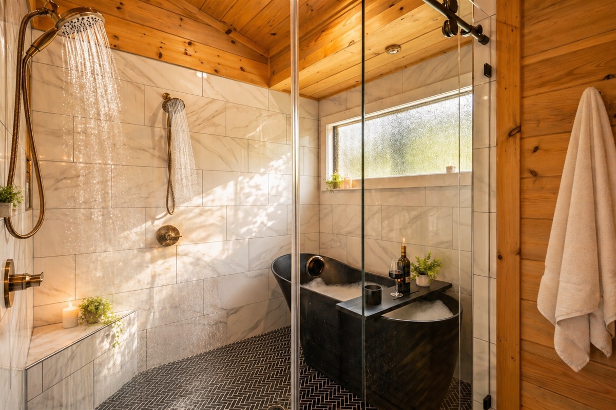 Spa like primary bath. Light a candle, run the water, and relax into stillness