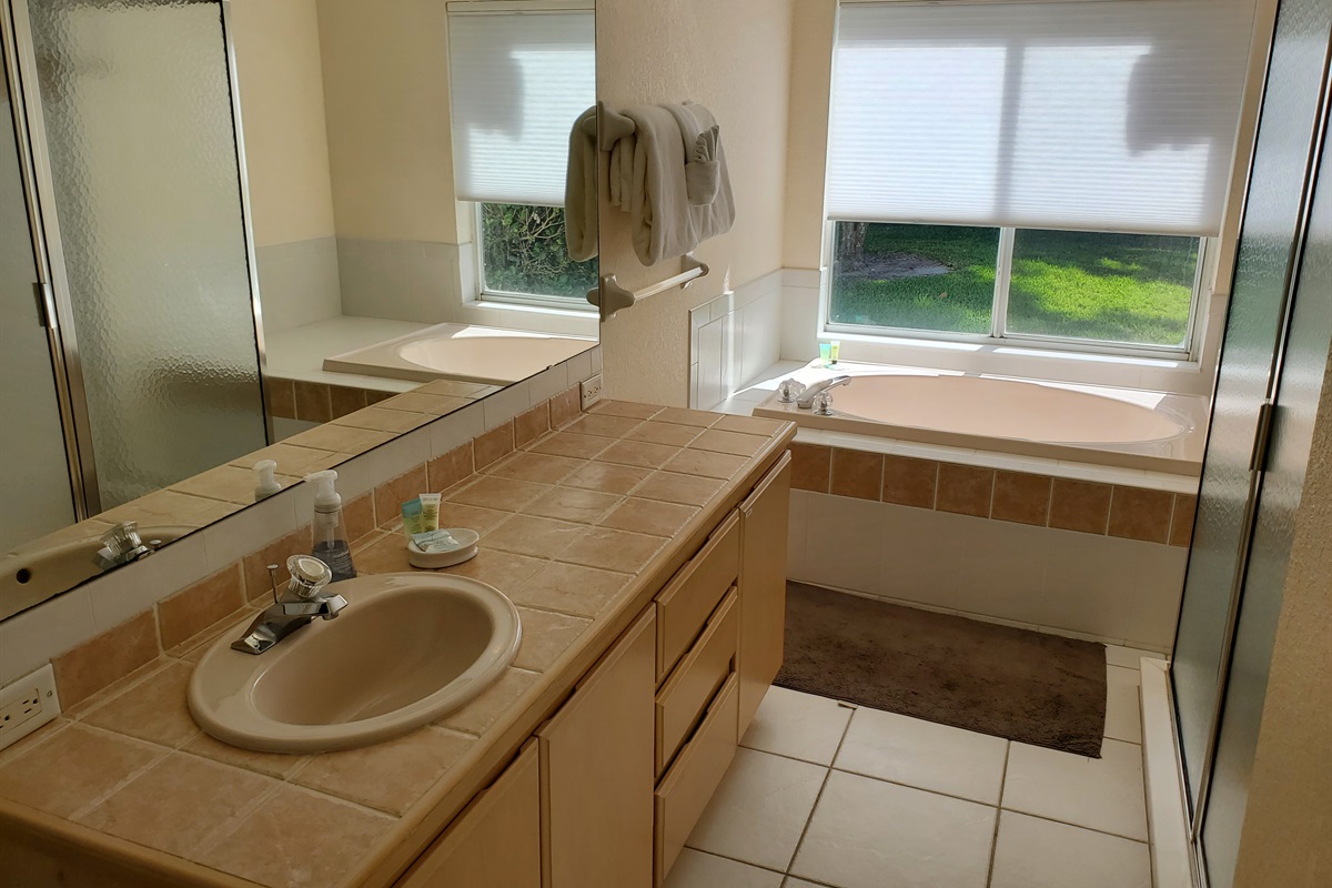 Master King private bathroom with walk in shower and sunk-in tub
