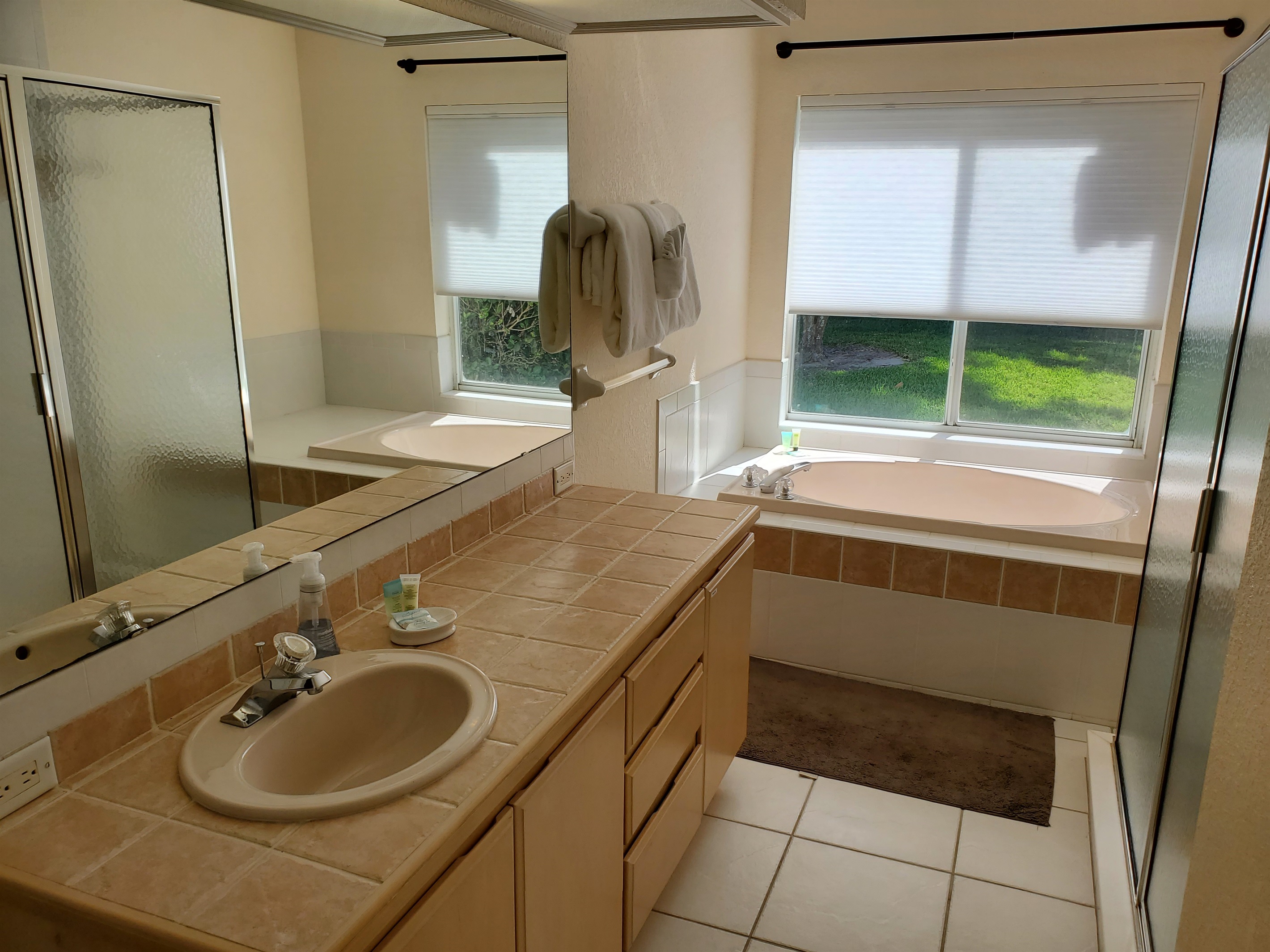 Master King private bathroom with walk in shower and sunk-in tub