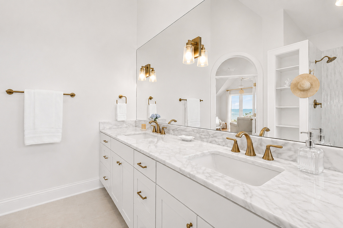 A beautifully designed double vanity with his-and-her sinks creates the perfect space for effortless mornings and relaxing evenings.