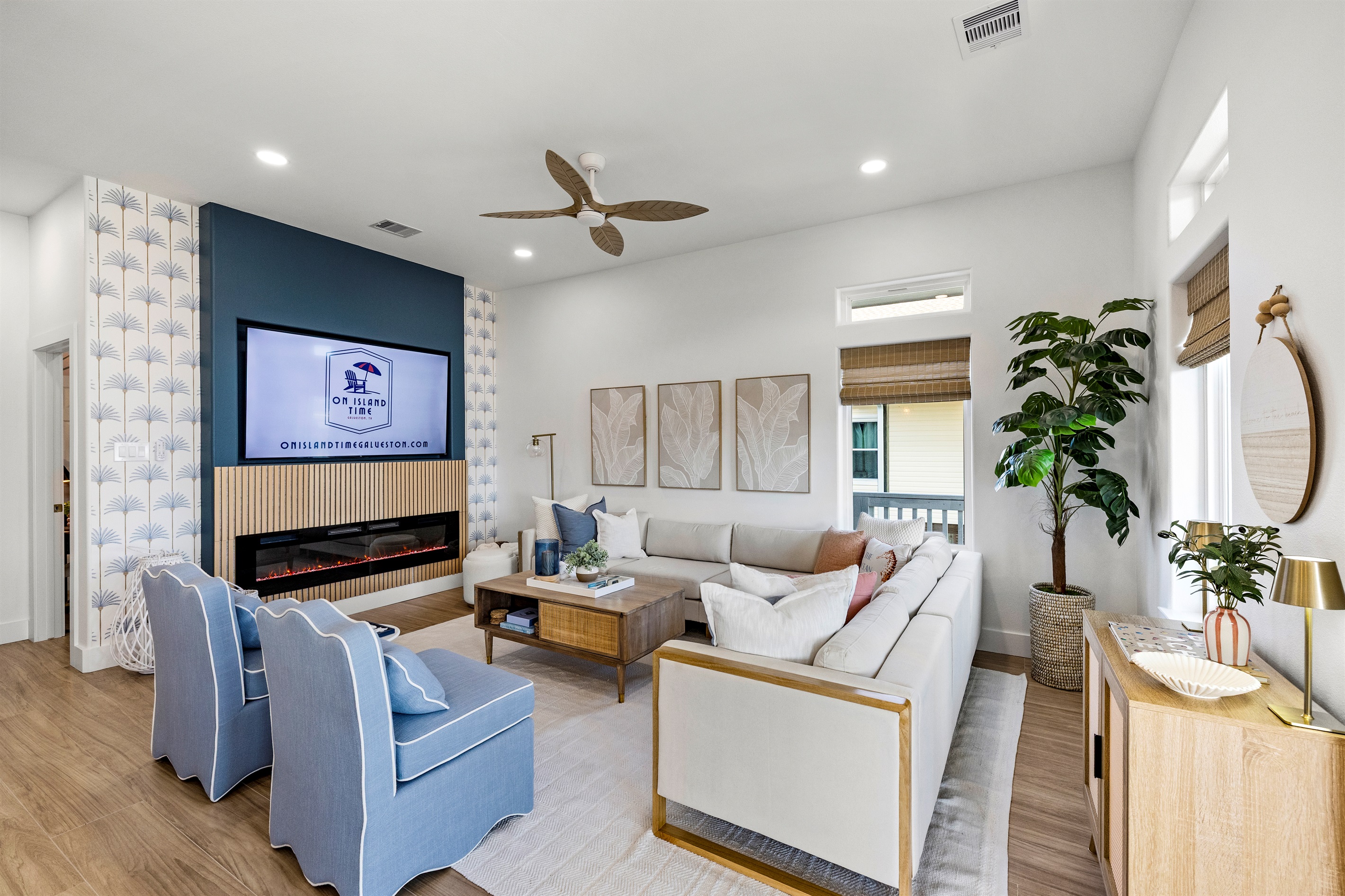 75 inch ROKU TV and beautiful display fireplace (no heat). Bring your own log ins to enjoy all of the same content you enjoy at home.