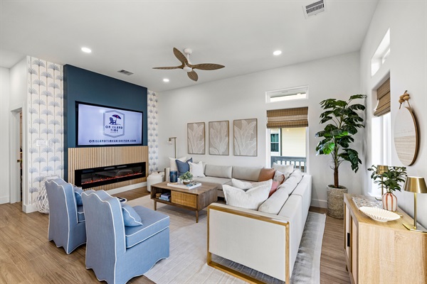 75 inch ROKU TV and beautiful display fireplace (no heat). Bring your own log ins to enjoy all of the same content you enjoy at home.