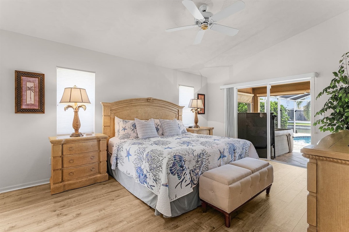 Enjoy ultimate convenience with king-size comfort and easy access to poolside relaxation and the hot tub!