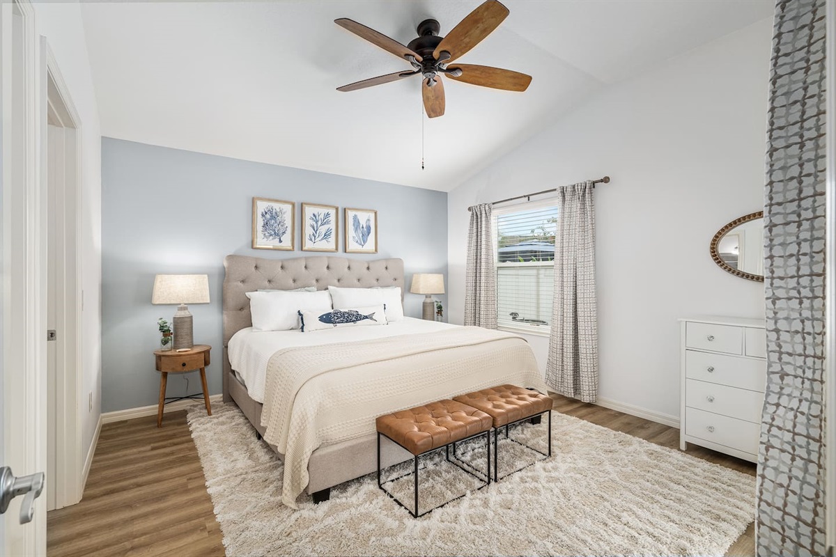 Enjoy a restful night's sleep in the comfortable king bed.