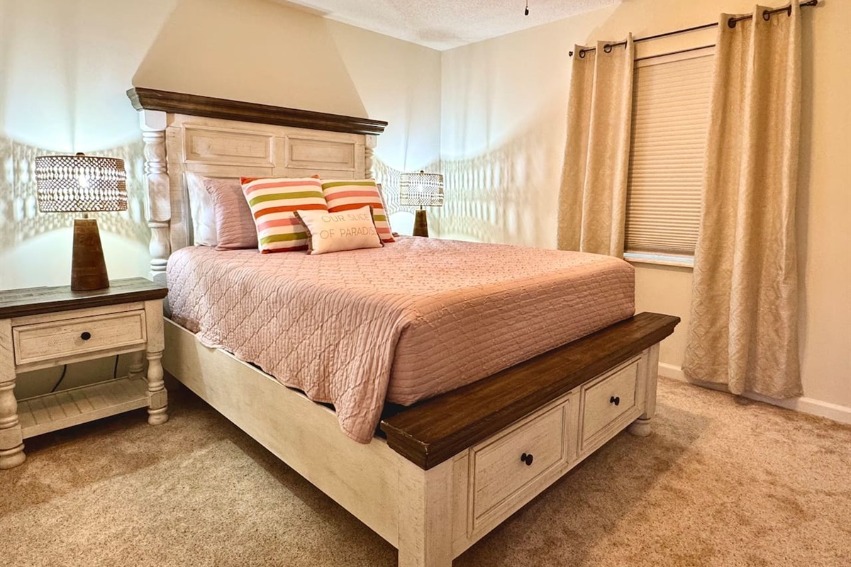 * Queen Bed (sleeps 2) * Extra quilts/blankets* Closet and dresser for storage* 42 in. Flat Screen Smart TV (bring your own streaming logins) 