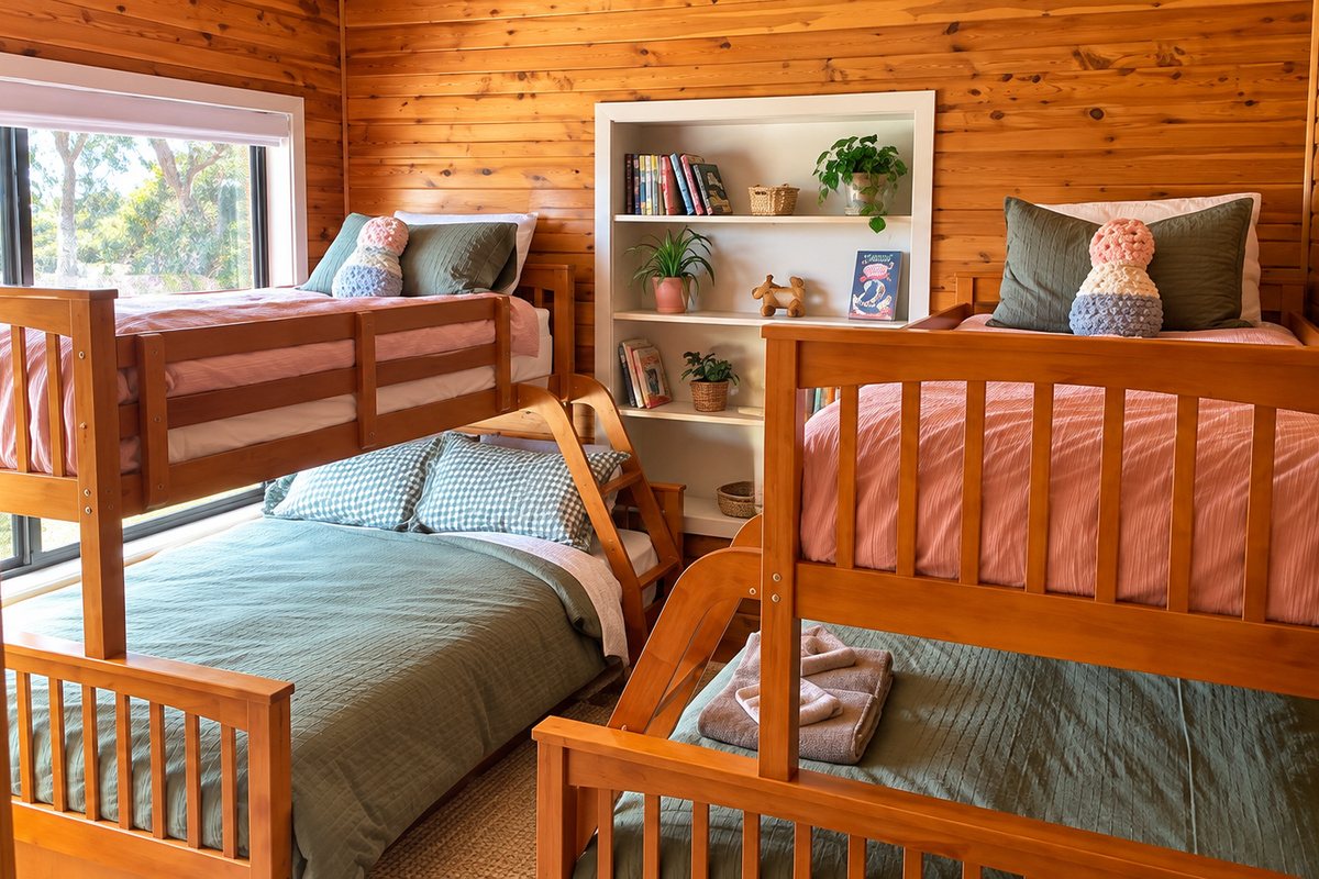 This main-house bunk room helps the home sleep larger groups, with the bedroom positioned alongside the other bedrooms on one level.