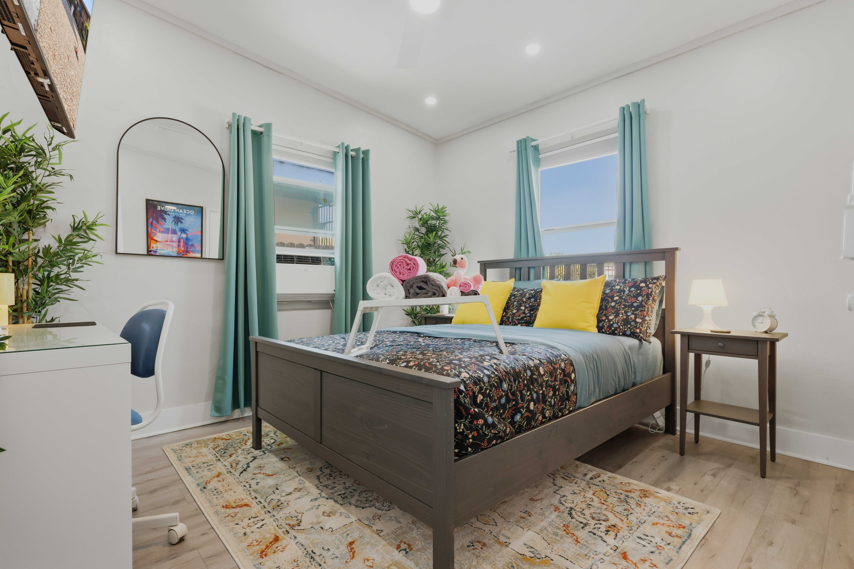 Room 1 - Queen Bed, Two Nightstands, Two Night Lamps, 55-inch TV, Closet, Cabinet w/ Drawers, Desk, Chair, Lamps, Face Mirror, Body Mirror, Ceiling Fan, Dimmer Lights