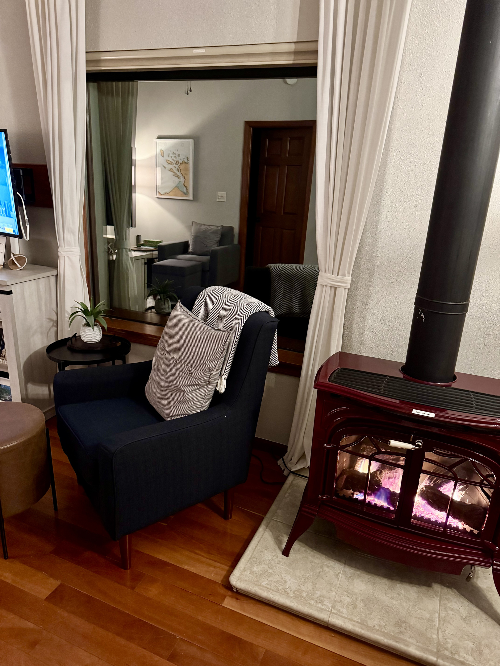 Main Cottage evening propane fireplace 