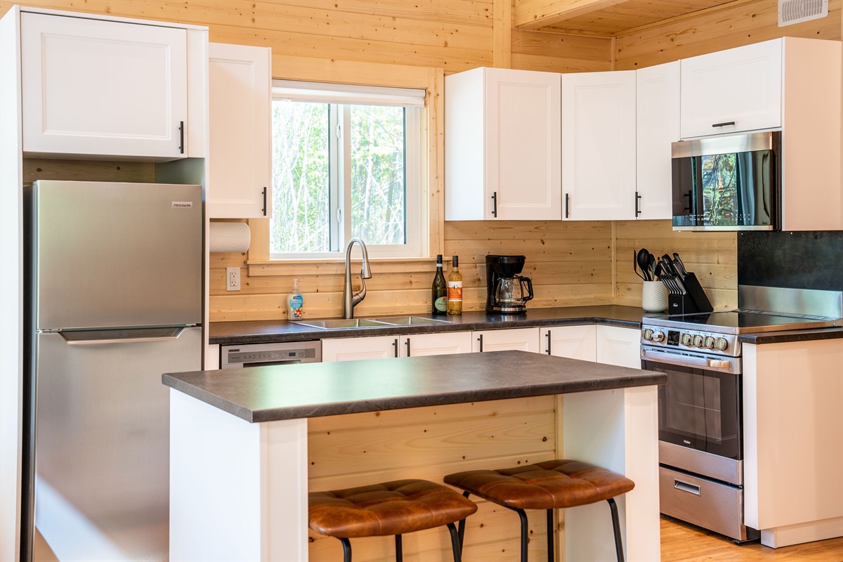 Kitchen with brand new stainless steel apartment sized appliances
