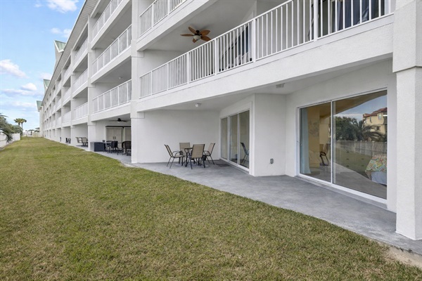 Outside patio and lawn.