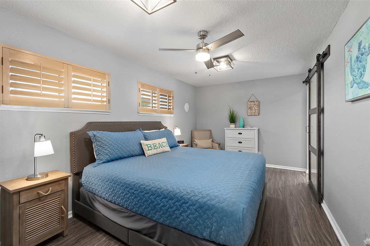 Peaceful primary bedroom with king bed