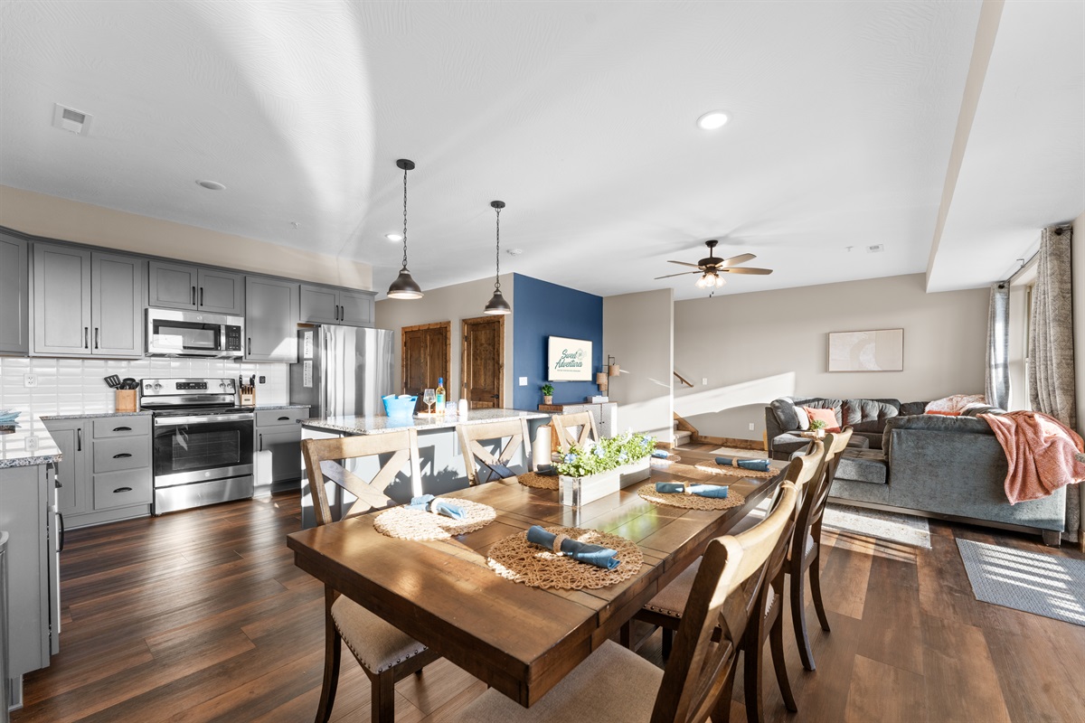 Open layout makes it easy to chat between the kitchen, dining and living room.