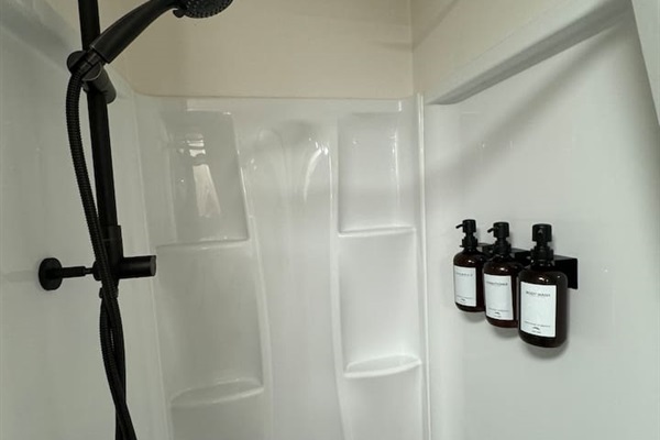 Enjoy a spa shower with dual shower heads, shampoo, conditioner and body wash. 